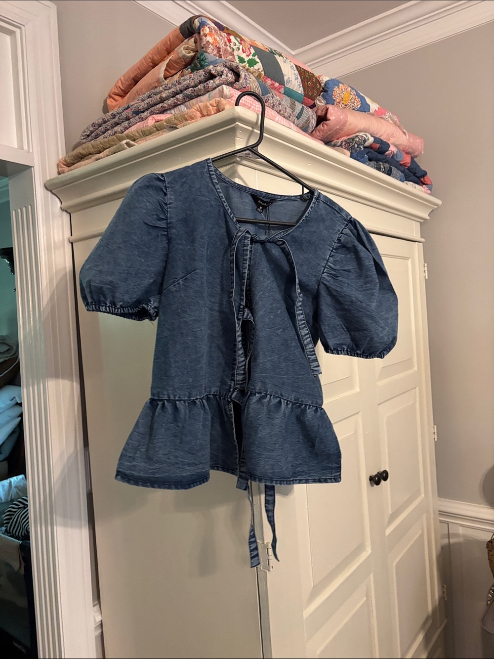 Denim Puff-Sleeve Tie-Front Peplum Top - Blue